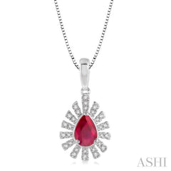 6x4 MM Bar Accent Pear Shape Ruby and 1/8 Ctw Round Cut Diamond Precious Pendant With Chain in 10K White Gold