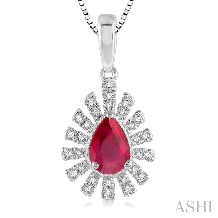6x4 MM Bar Accent Pear Shape Ruby and 1/8 Ctw Round Cut Diamond Precious Pendant With Chain in 10K White Gold