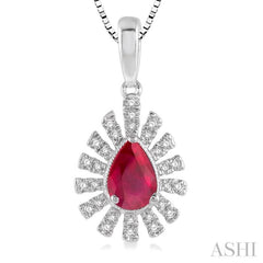 6x4 MM Bar Accent Pear Shape Ruby and 1/8 Ctw Round Cut Diamond Precious Pendant With Chain in 10K White Gold