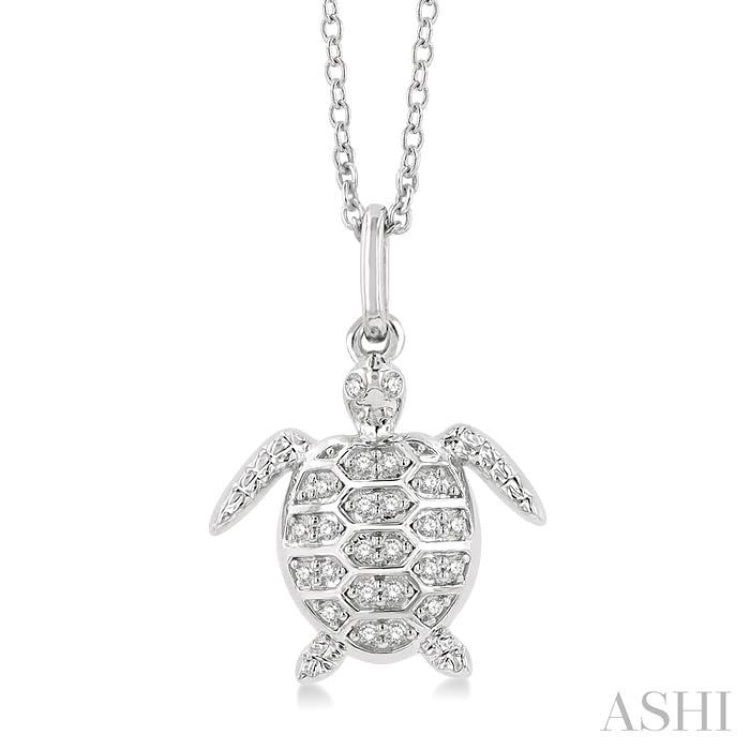1/10 Ctw Petite Sea Life Turtle Round Cut Diamond Fashion Pendant With Chain in 10K White Gold