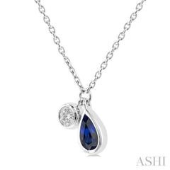 5x3 MM Pear Cut Sapphire and 1/50 Ctw Bezel Set Round Cut Diamond Precious Pendant With Chain in 10K White Gold