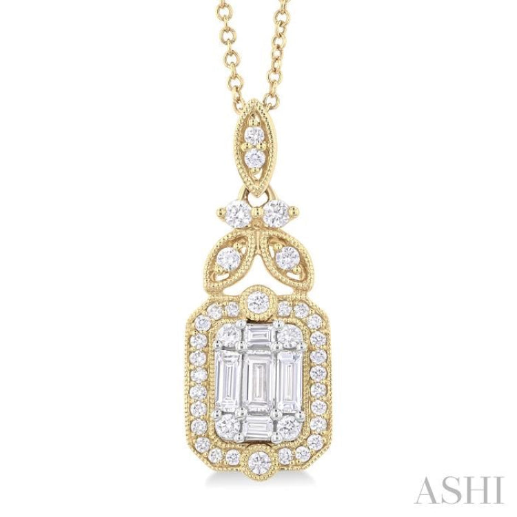 5/8 Ctw Fusion Baguette and Round Cut Diamond Fashion Pendant With Chain in 14K Yellow and White Gold