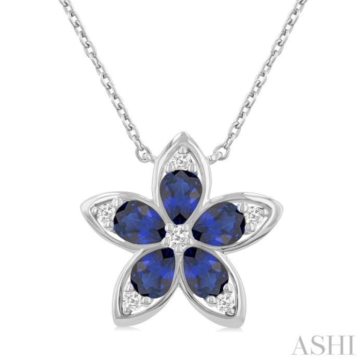 4x3 MM Pear Cut Sapphire and 1/20 Ctw Round Cut Diamond Floral Motif Pendant With Chain in 14K White Gold