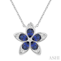 4x3 MM Pear Cut Sapphire and 1/20 Ctw Round Cut Diamond Floral Motif Pendant With Chain in 14K White Gold