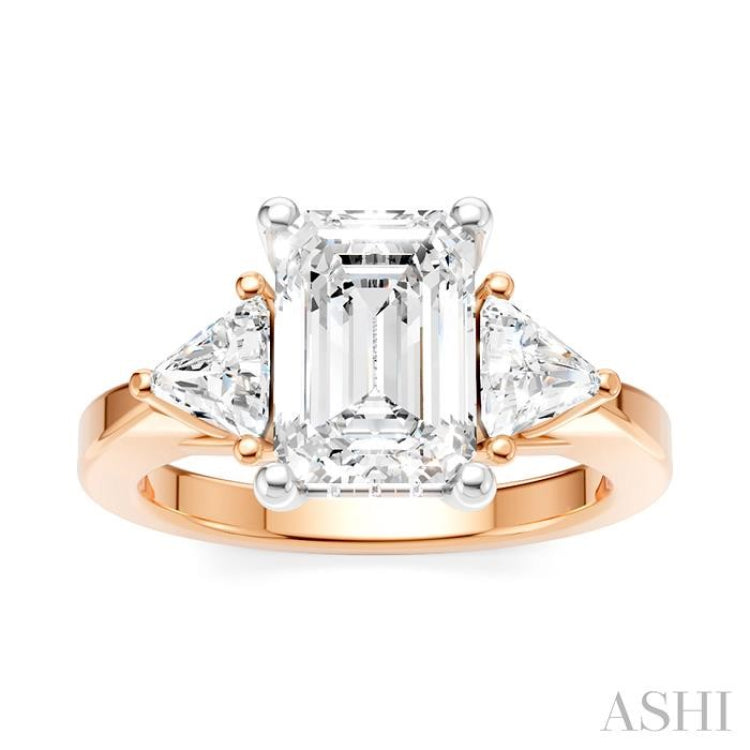 1/2 Ctw Emerald Shape Trillion and Round Cut Diamond Semi Mount Engagement Ring in 14K Rose and White Gold