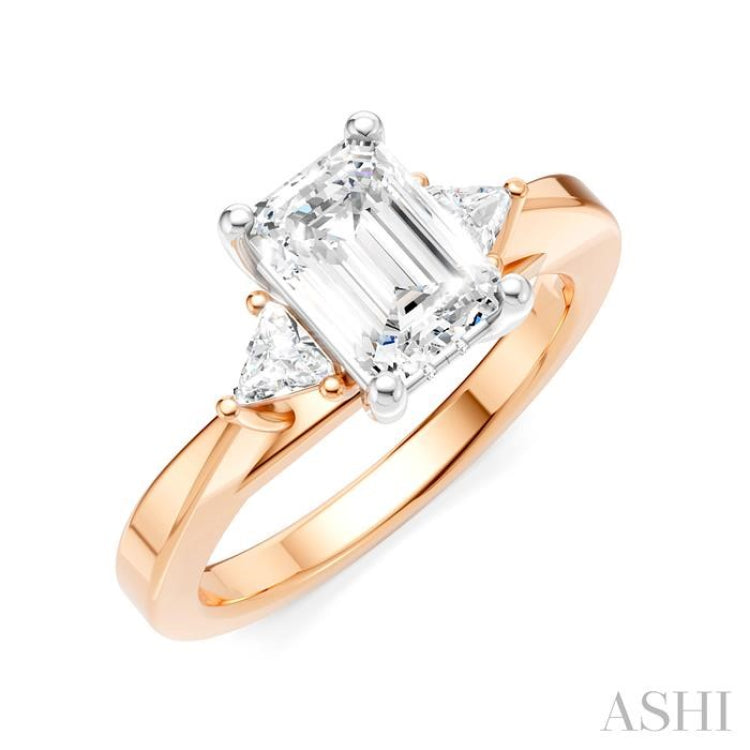 1/4 Ctw Emerald Shape Trillion and Round Cut Diamond Semi Mount Engagement Ring in 14K Rose and White Gold