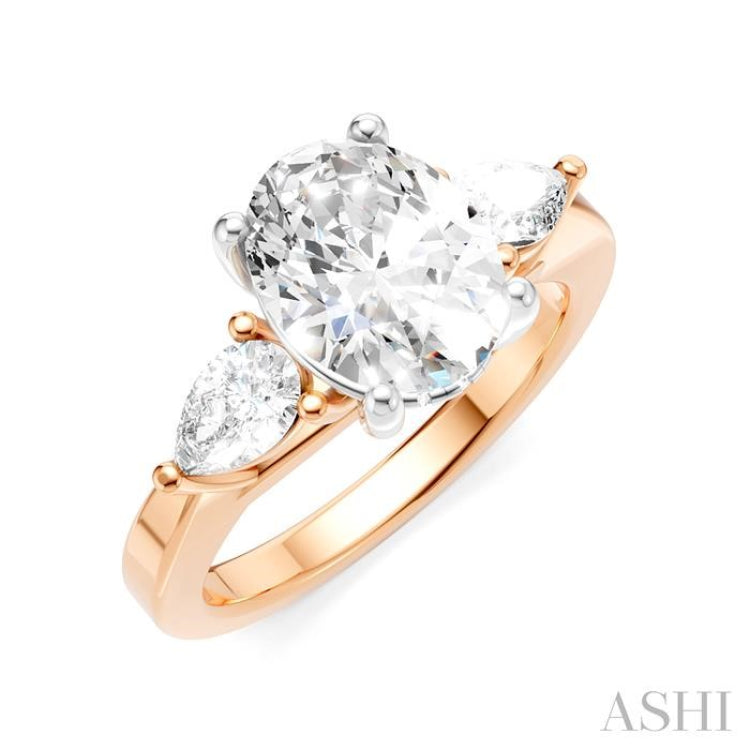 1/2 Ctw Tri-Mount Oval Shape Center Pear and Round Cut Diamond Semi Mount Engagement Ring in 14K Rose and White Gold