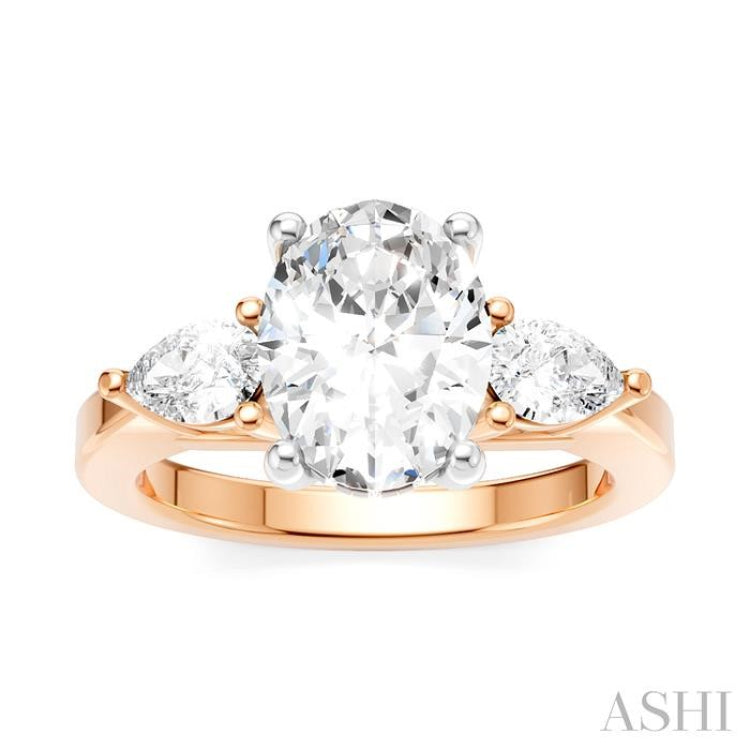 1/2 Ctw Tri-Mount Oval Shape Center Pear and Round Cut Diamond Semi Mount Engagement Ring in 14K Rose and White Gold