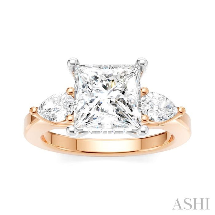 1/2 Ctw Tri-Mount Princess Shape Center Pear and Round Cut Diamond Semi Mount Engagement Ring in 14K Rose and White Gold
