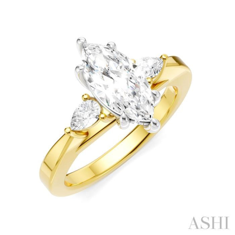 1/4 Ctw Tri-Mount Marquise Shape Center Pear and Round Cut Diamond Semi Mount Engagement Ring in 14K Yellow and White Gold