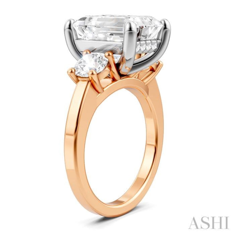 1 Ctw Tri-Mount Emerald Shape Center Round Cut Diamond Semi Mount Engagement Ring in 14K Rose and White Gold