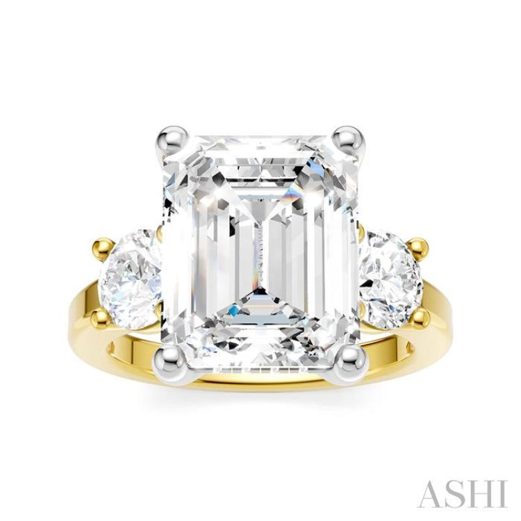 1 Ctw Tri-Mount Emerald Shape Center Round Cut Diamond Semi Mount Engagement Ring in 14K Yellow and White Gold