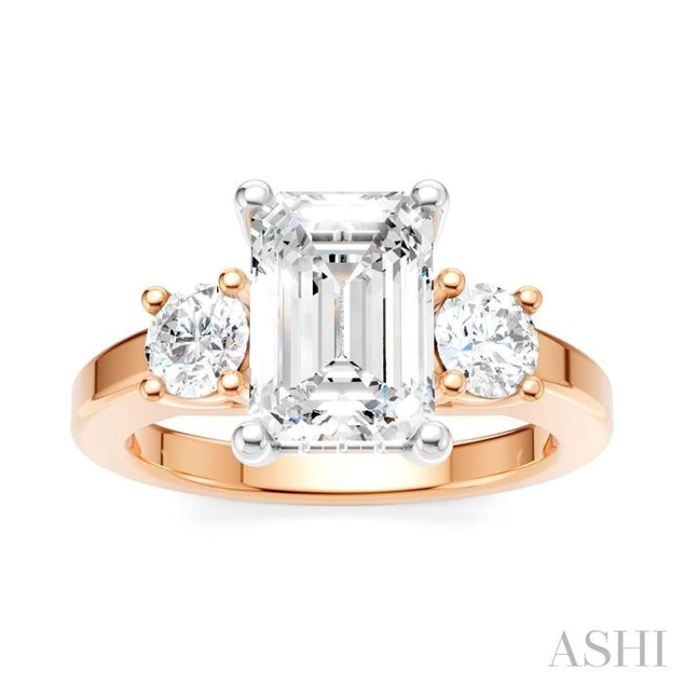 1/2 Ctw Tri-Mount Emerald Shape Center Round Cut Diamond Semi Mount Engagement Ring in 14K Rose and White Gold