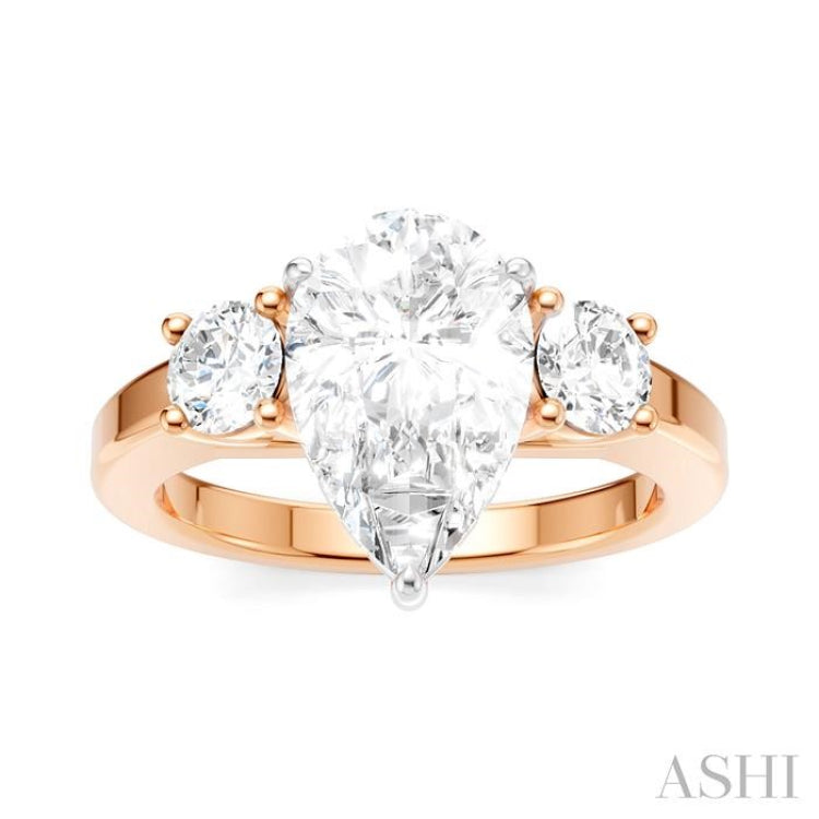1/2 Ctw Tri-Mount Pear Shape Round Cut Diamond Semi Mount Engagement Ring in 14K Rose and White Gold