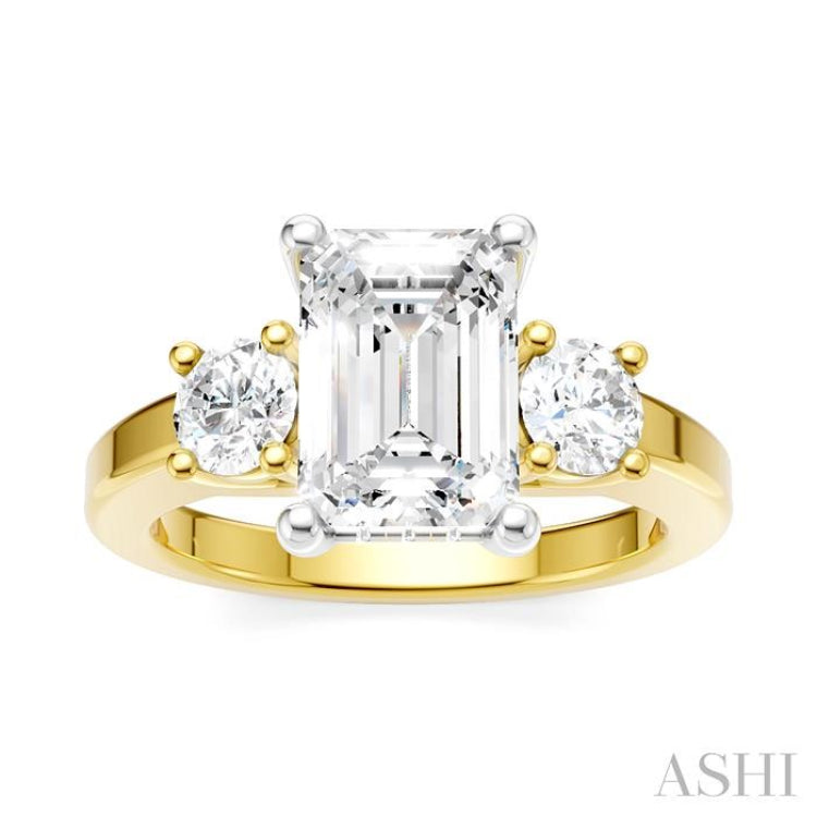 1/2 Ctw Tri-Mount Emerald Shape Center Round Cut Diamond Semi Mount Engagement Ring in 14K Yellow and White Gold