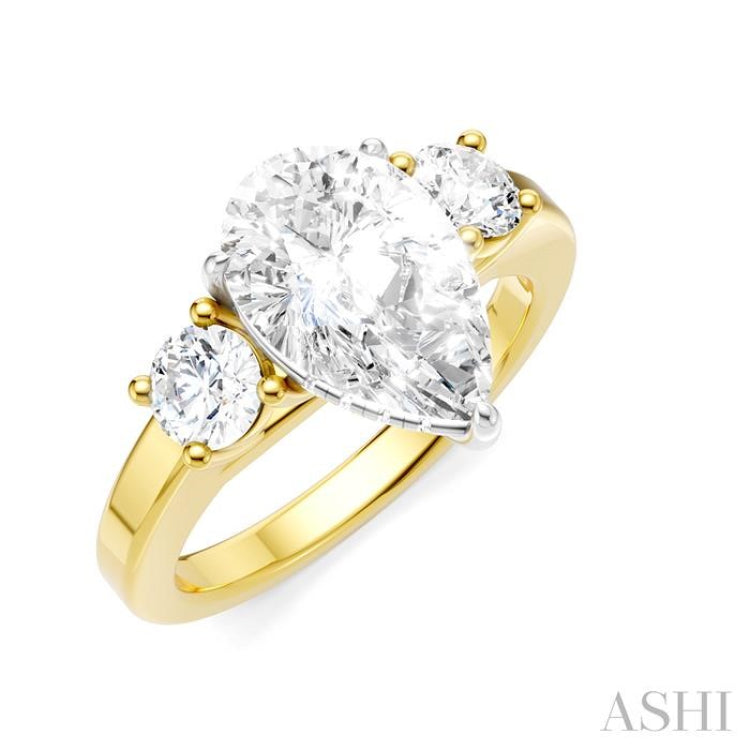 1/2 Ctw Tri-Mount Pear Shape Round Cut Diamond Semi Mount Engagement Ring in 14K Yellow and White Gold