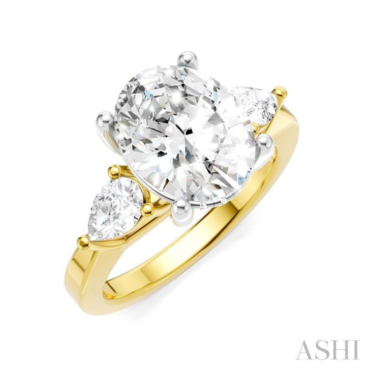 1/2 Ctw Tri-Mount Oval Shape Center Pear and Round Cut Diamond Semi Mount Engagement Ring in 14K Yellow and White Gold