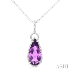 22X10 MM Pear Cut Amethyst and 1/3 Ctw Round Cut Diamond Halo Semi-Precious Pendant With Chain in 14K White Gold