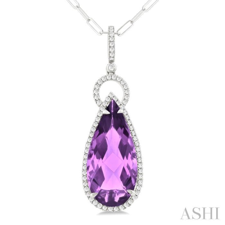22X10 MM Pear Cut Amethyst and 1/3 Ctw Round Cut Diamond Halo Semi-Precious Pendant With Chain in 14K White Gold