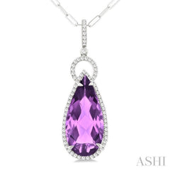 22X10 MM Pear Cut Amethyst and 1/3 Ctw Round Cut Diamond Halo Semi-Precious Pendant With Chain in 14K White Gold