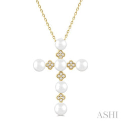 4 MM Round Shape Cultured Pearl and 1/10 Ctw Clover Round Cut Diamond Cross Pendant With Chain in 10K Yellow Gold