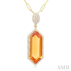 26x10 MM Hexagon Shape Citrine and 1/2 Ctw Round Cut Diamond Halo Semi-Precious Pendant With Chain in 14K Yellow Gold