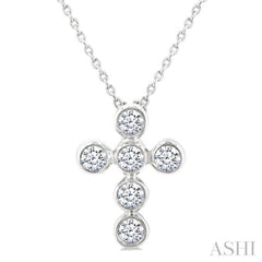 1/4 Ctw Round Cut Diamond 6-Stone Bezel Set Cross Pendant With Chain in 14K White Gold