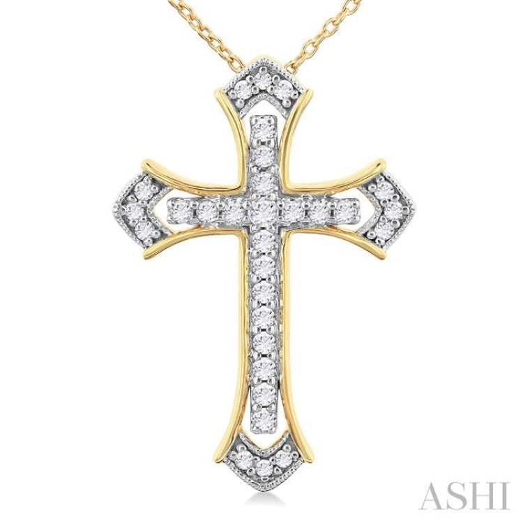 1/4 Ctw Cross Round Cut Diamond Fashion Pendant With Chain in 14K Yellow and White Gold