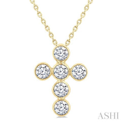 3/4 Ctw Round Cut Diamond 6-Stone Bezel Set Cross Pendant With Chain in 14K Yellow Gold