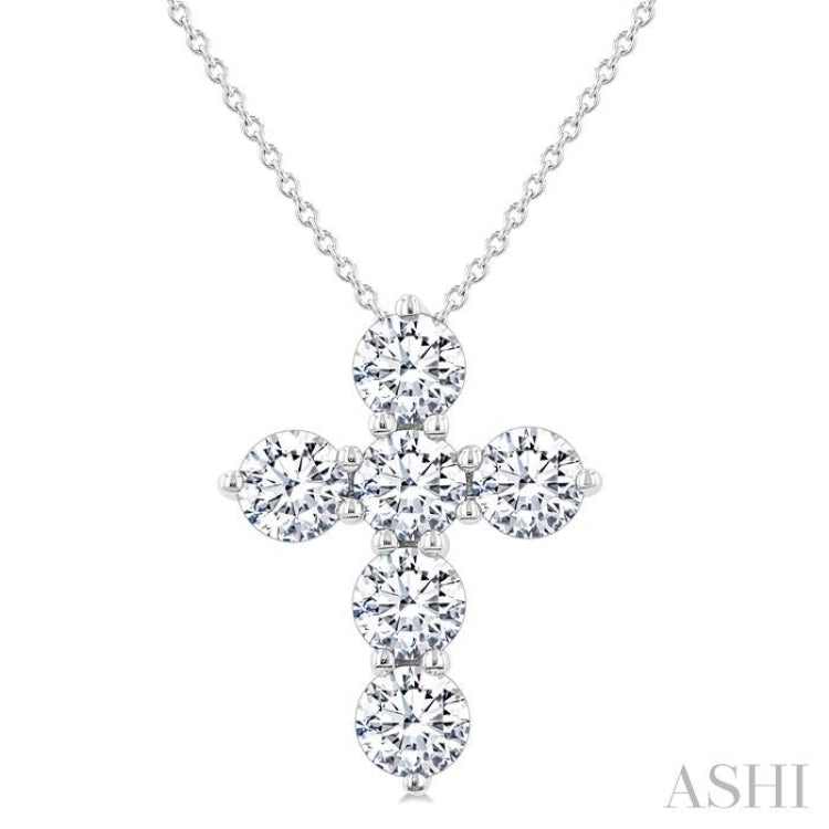 2 Ctw Round Cut Diamond Christian Cross 6-Stone Fashion Pendant With Chain in 14K White Gold