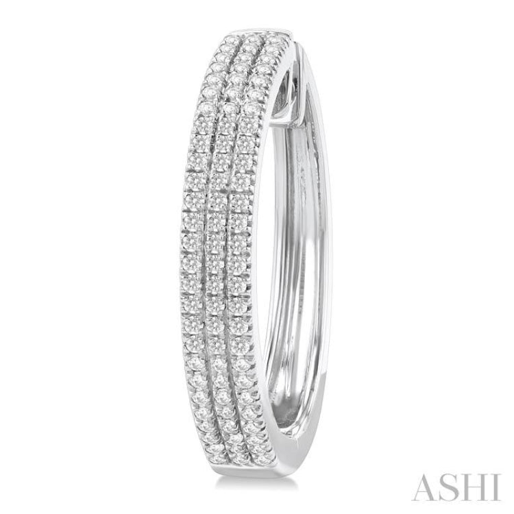 1/2 Ctw Triple Row Pave Set Round Cut Diamond Fashion Hoop Earring in 10K White Gold