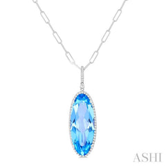 26x10 MM Oval Cut Blue Topaz and 1/3 Ctw Round Cut Diamond Semi-Precious Pendant With Chain in 14K White Gold