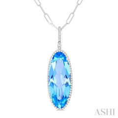 26x10 MM Oval Cut Blue Topaz and 1/3 Ctw Round Cut Diamond Semi-Precious Pendant With Chain in 14K White Gold