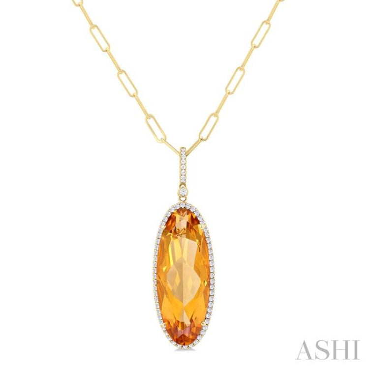 26x10 MM Oval Cut Citrine and 1/3 Ctw Round Cut Diamond Semi-Precious Pendant With Chain in 14K Yellow Gold