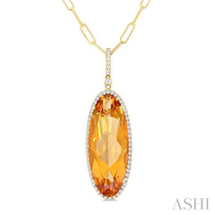 26x10 MM Oval Cut Citrine and 1/3 Ctw Round Cut Diamond Semi-Precious Pendant With Chain in 14K Yellow Gold