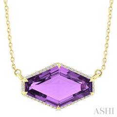 16x10 MM Hexagon Shape Amethyst and 1/10 Ctw Round Cut Diamond Halo Semi-Precious Pendant With Chain in 14K Yellow Gold