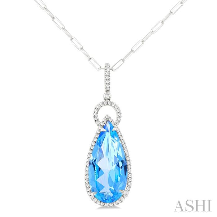 22X10 MM Pear Cut Blue Topaz and 1/3 Ctw Round Cut Diamond Halo Semi-Precious Pendant With Chain in 14K White Gold