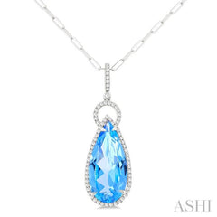22X10 MM Pear Cut Blue Topaz and 1/3 Ctw Round Cut Diamond Halo Semi-Precious Pendant With Chain in 14K White Gold