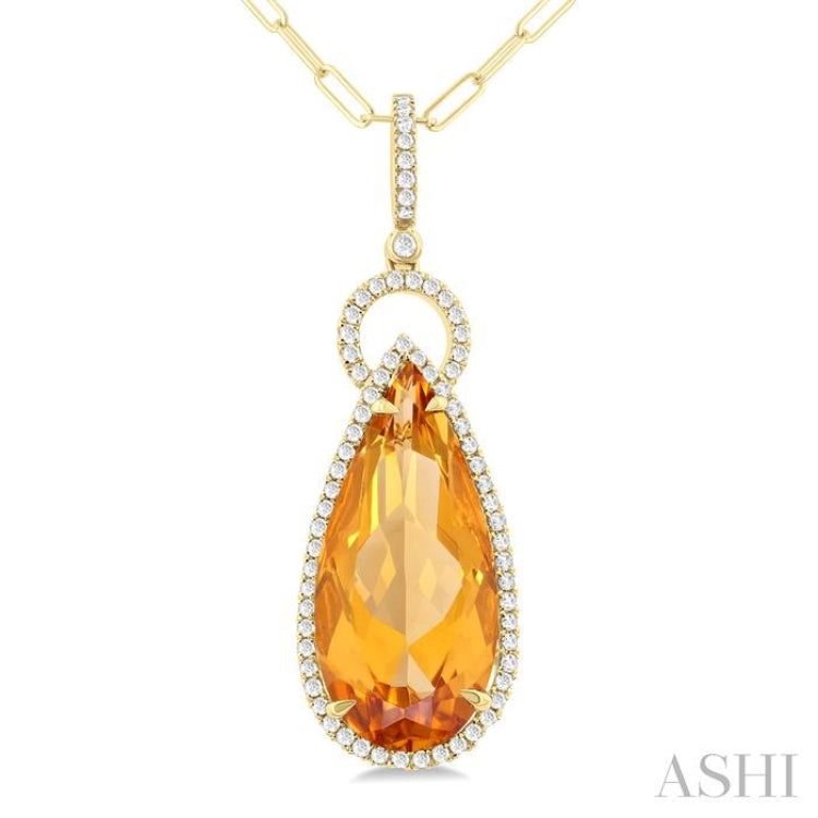 22X10 MM Pear Cut Citrine and 1/3 Ctw Round Cut Diamond Halo Semi-Precious Pendant With Chain in 14K Yellow Gold