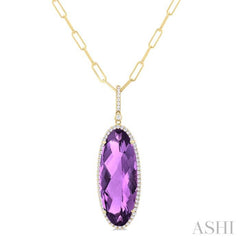 26x10 MM Oval Cut Amethyst and 1/3 Ctw Round Cut Diamond Semi-Precious Pendant With Chain in 14K Yellow Gold