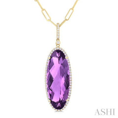 26x10 MM Oval Cut Amethyst and 1/3 Ctw Round Cut Diamond Semi-Precious Pendant With Chain in 14K Yellow Gold