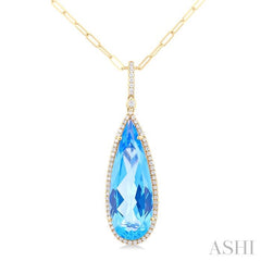 26x9 MM Pear Cut Blue Topaz and 1/4 Ctw Round Cut Diamond Halo Semi-Precious Pendant With Chain in 14K Yellow Gold