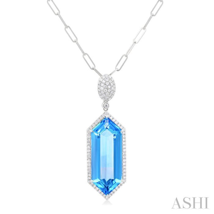 26x10 MM Hexagon Shape Blue topaz and 1/2 Ctw Round Cut Diamond Halo Semi-Precious Pendant With Chain in 14K White Gold
