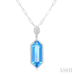 26x10 MM Hexagon Shape Blue topaz and 1/2 Ctw Round Cut Diamond Halo Semi-Precious Pendant With Chain in 14K White Gold