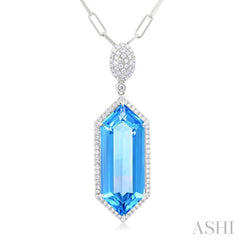 26x10 MM Hexagon Shape Blue topaz and 1/2 Ctw Round Cut Diamond Halo Semi-Precious Pendant With Chain in 14K White Gold