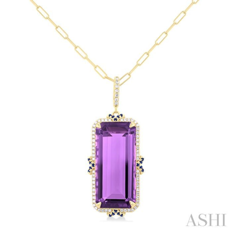22x10 MM Emerald Cut Amethyst and .80 MM Sapphire & 1/5 Ctw Round Cut Diamond Halo Precious & Semi-Precious Pendant With Chain in 14K Yellow Gold