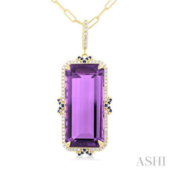 22x10 MM Emerald Cut Amethyst and .80 MM Sapphire & 1/5 Ctw Round Cut Diamond Halo Precious & Semi-Precious Pendant With Chain in 14K Yellow Gold