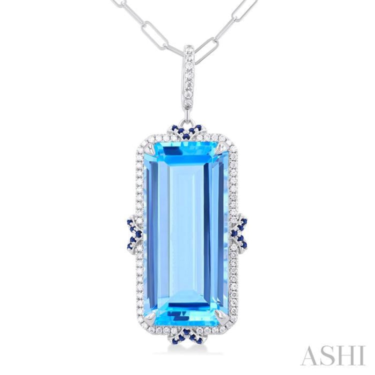 22x10 MM Emerald Cut Blue Topaz and .80 MM Sapphire & 1/5 Ctw Round Cut Diamond Halo Precious & Semi-Precious Pendant With Chain in 14K White Gold