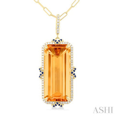 22x10 MM Emerald Cut Citrine and .80 MM Sapphire & 1/5 Ctw Round Cut Diamond Halo Precious & Semi-Precious Pendant With Chain in 14K Yellow Gold