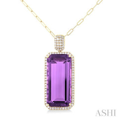 26x12 MM Emerald Cut Amethyst and 1/2 Ctw Round Cut Diamond Halo Semi-Precious Pendant With Paperclip Chain in 14K Yellow Gold